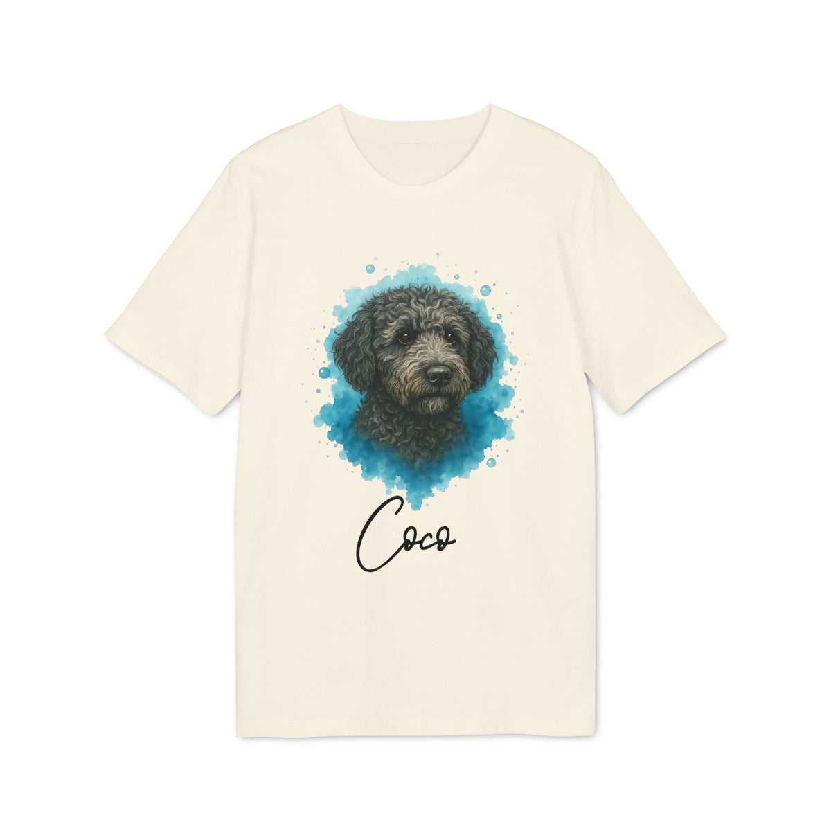 Alt Tag: Spanish Water Dog Personalized Dog 100% Organic Cotton T-Shirt con retrato de perro y nombre personalizado “Coco”