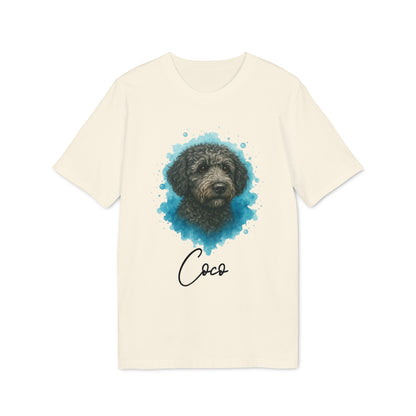 Alt Tag: Spanish Water Dog Personalized Dog 100% Organic Cotton T-Shirt con retrato de perro y nombre personalizado “Coco”