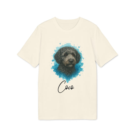 Alt Tag: Spanish Water Dog Personalized Dog 100% Organic Cotton T-Shirt con retrato de perro y nombre personalizado “Coco”