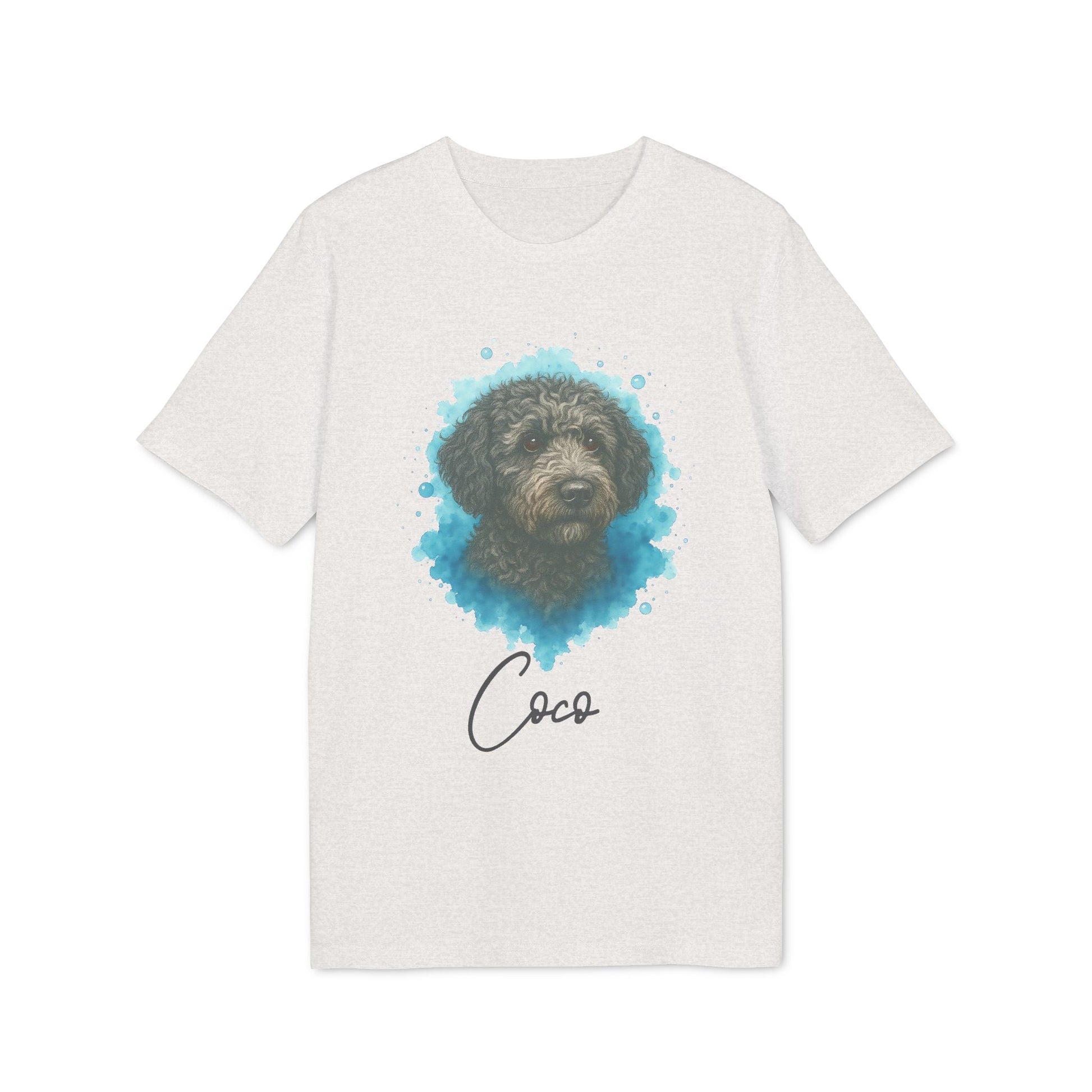 Alt Tag: Spanish Water Dog Personalized Dog 100% Organic Cotton T-Shirt blanca con retrato de perro y nombre personalizado “Coco”