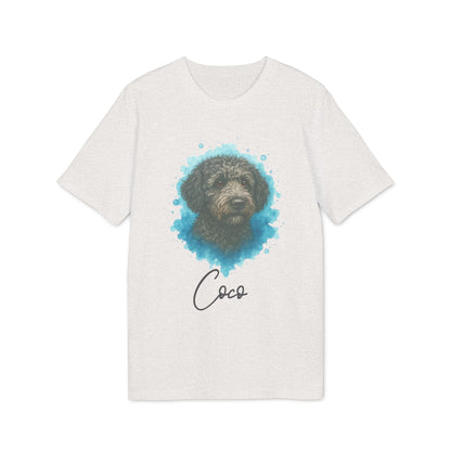 Alt Tag: Spanish Water Dog Personalized Dog 100% Organic Cotton T-Shirt blanca con retrato de perro y nombre personalizado “Coco”