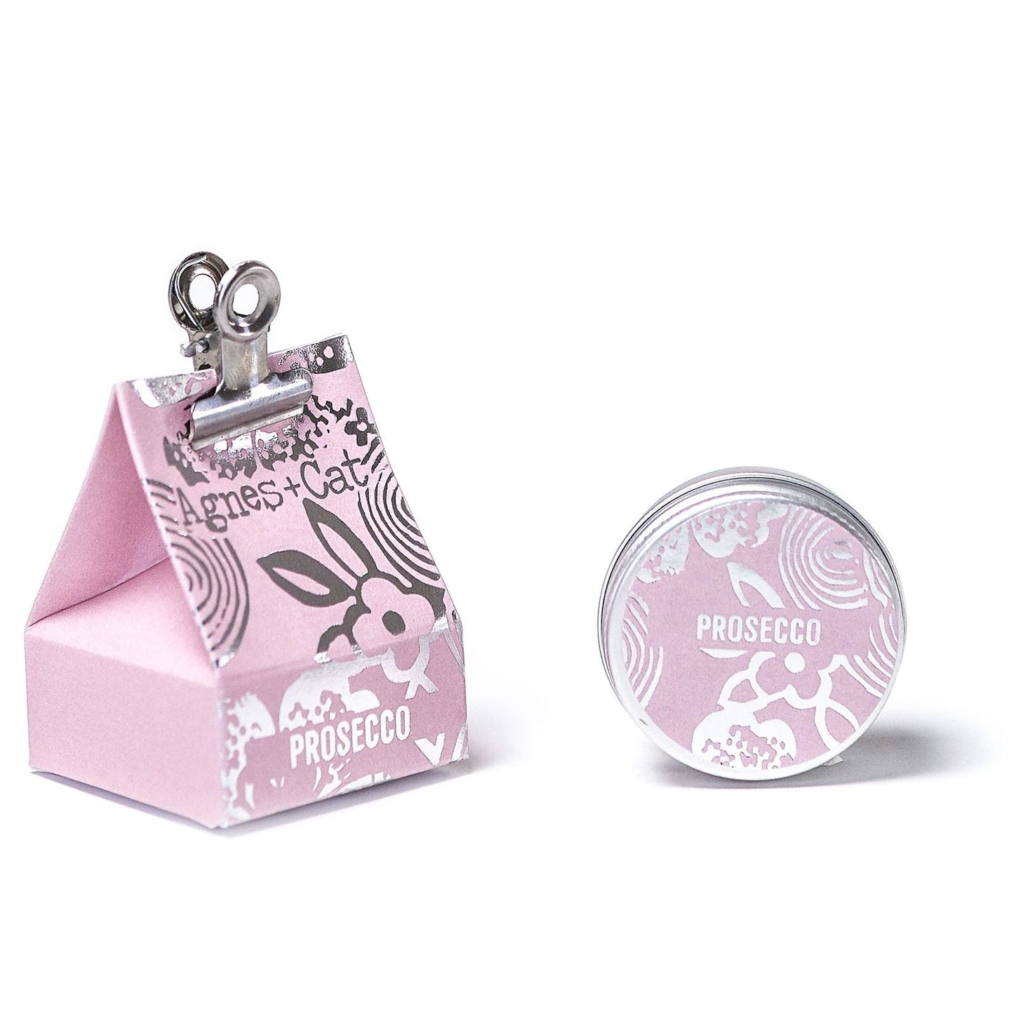 Alt Tag: Sparkling Fizz Vegan Lip Balm – 12G lata rosa Prosecco con caja clip, bálsamo labial vegano 12g con manteca de karité y mango