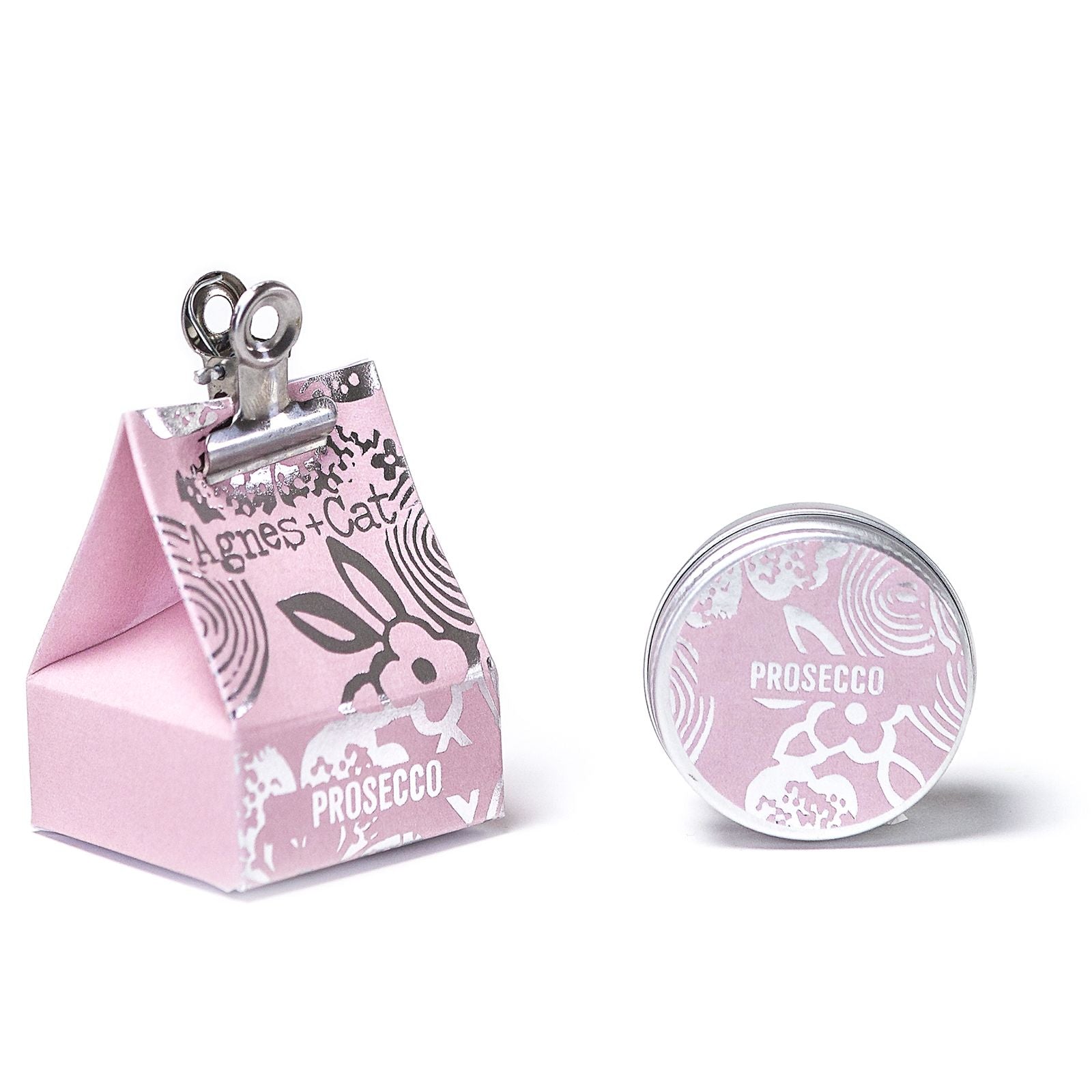 Alt Tag: Sparkling Fizz Vegan Lip Balm – 12G lata rosa Prosecco con caja clip, bálsamo labial vegano 12g con manteca de karité y mango