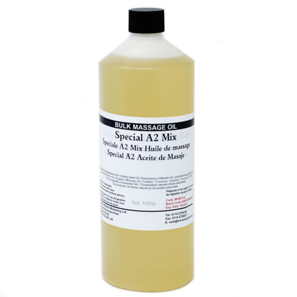 Alt Tagg: Special A2 Mix Massageolja – 1 KG massageolja i bulk, flaska med svart kork och etikett, 1000 g storlek