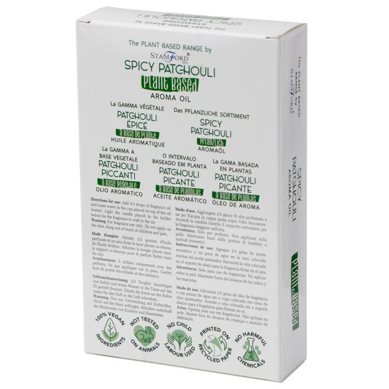 Spicy Patchouli Fragrance Oil – 45 ML plant-based aroma oil box packaging, spicy woody patchouli scent, 45 ml