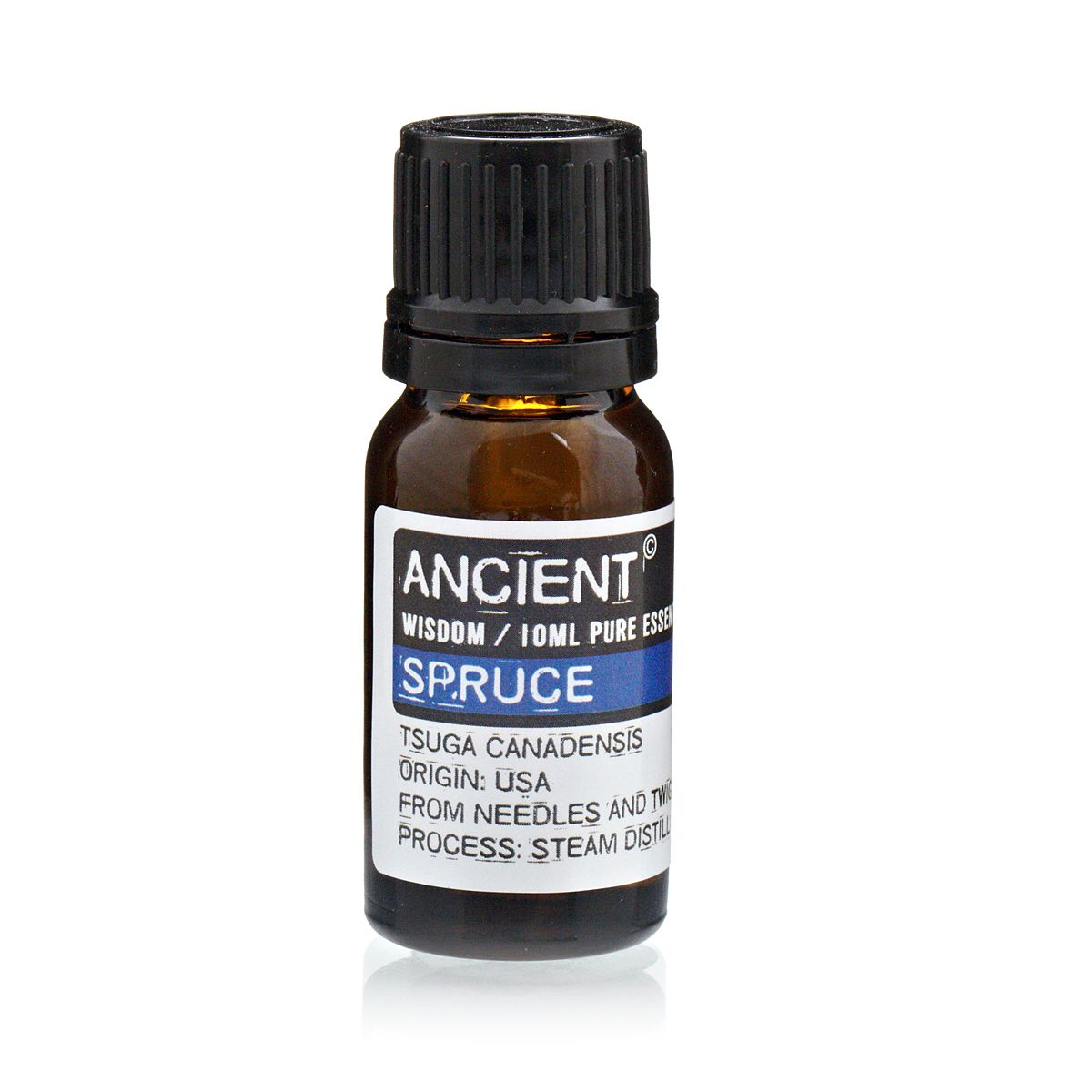 Fichten-Ätherisches Öl – 10ML Fläschchen ätherisches Fichtenöl in einer bernsteinfarbenen Flasche mit schwarzem Verschluss, Etikett Ancient Wisdom