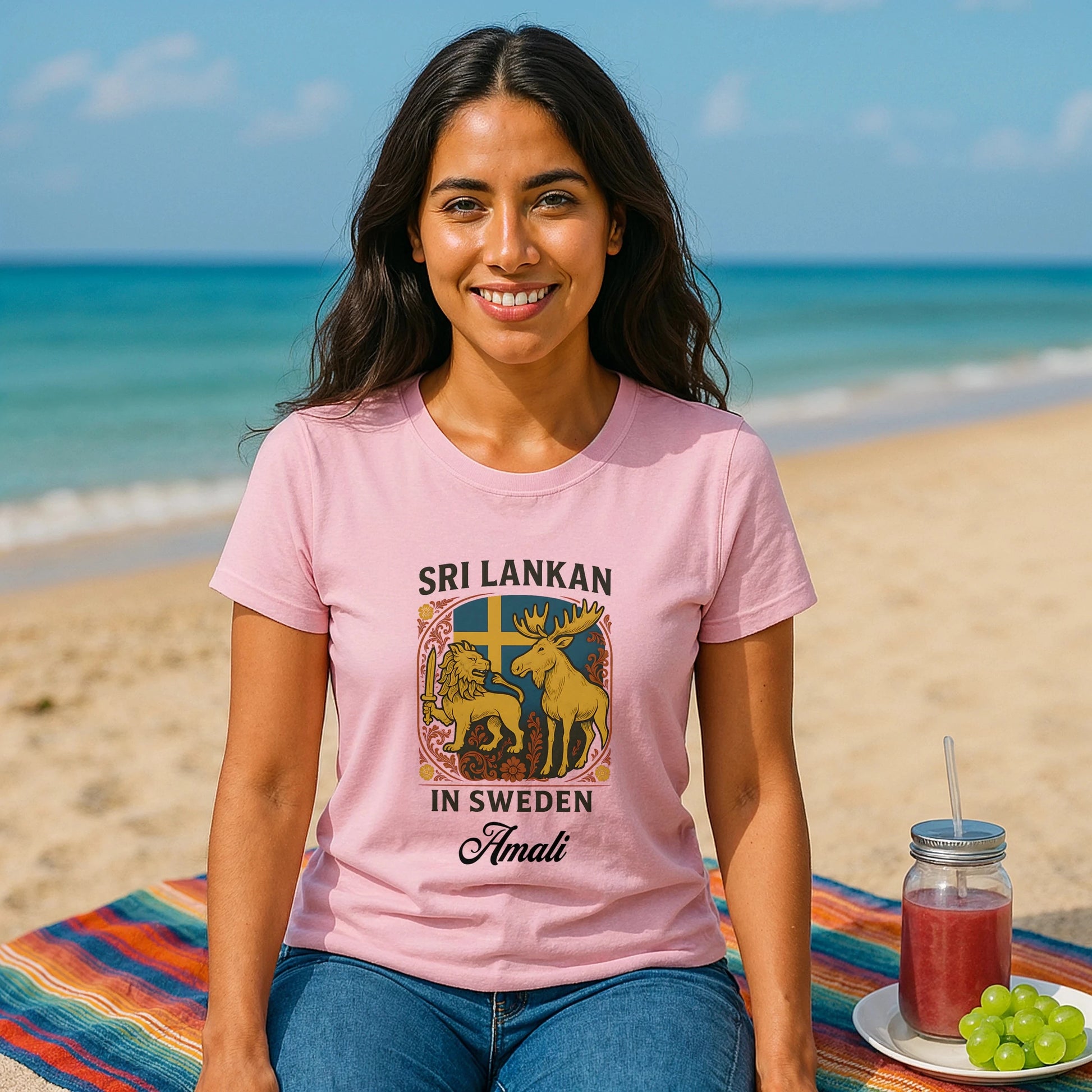 Sri Lankan Sweden Personalized Premium Unisex T-Shirt pink with Sri Lankan lion and moose graphic and custom name, model sitting on beach
