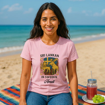 Sri Lankan Sweden Personalized Premium Unisex T-Shirt pink with Sri Lankan lion and moose graphic and custom name, model sitting on beach