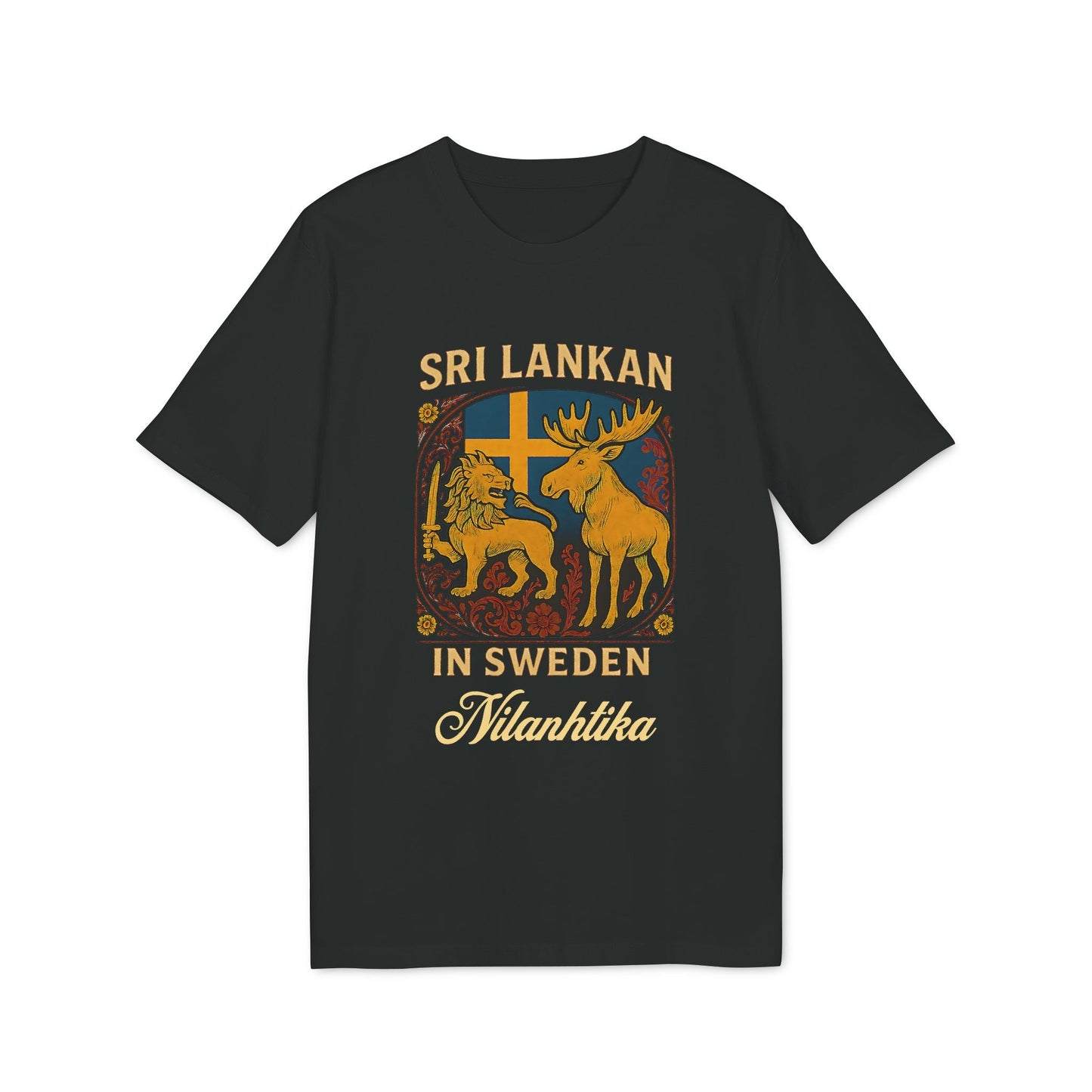 Sri Lankan Sweden Personalized Premium Unisex T-Shirt black tee with Sri Lankan lion and Swedish moose graphic and custom name text