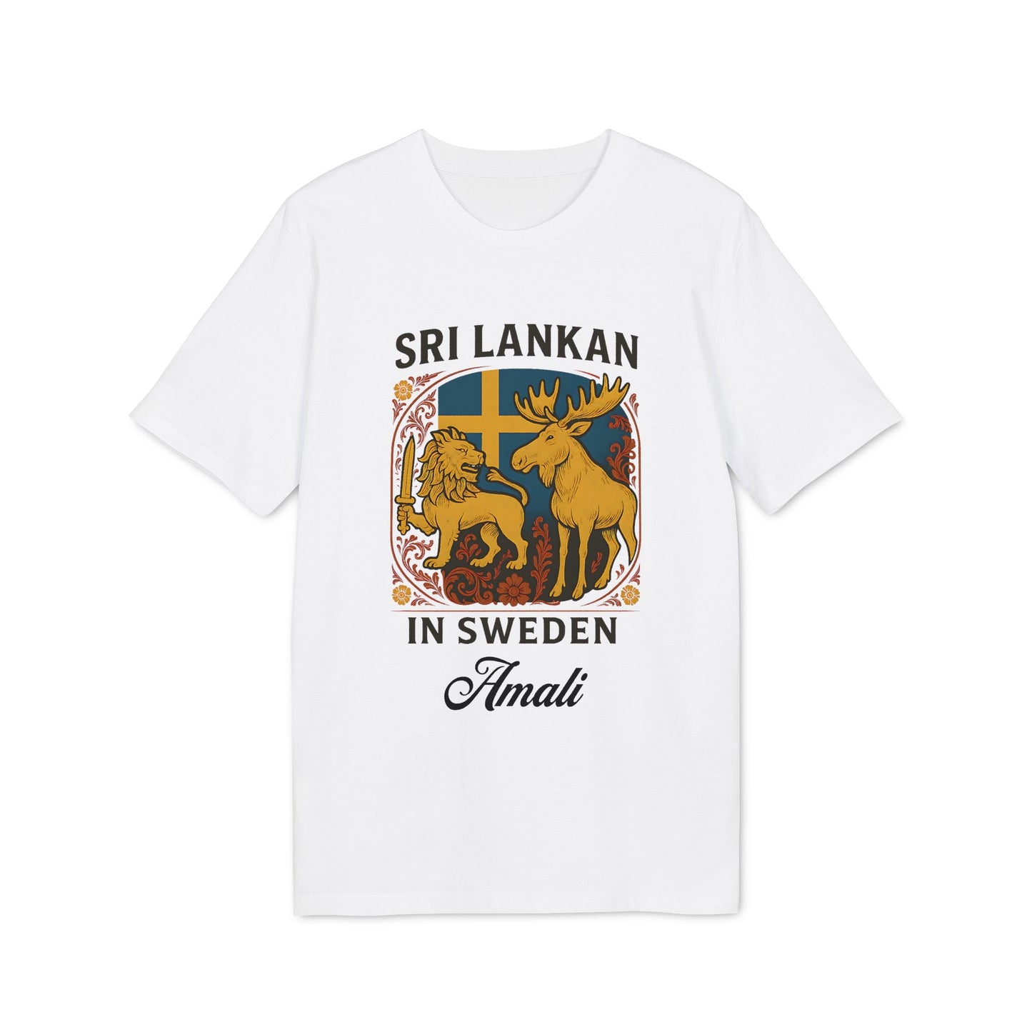 Alt Tag: Sri Lankan Sweden Personalized Premium Unisex T-Shirt with Sri Lankan lion and Swedish moose graphic, custom name Amali