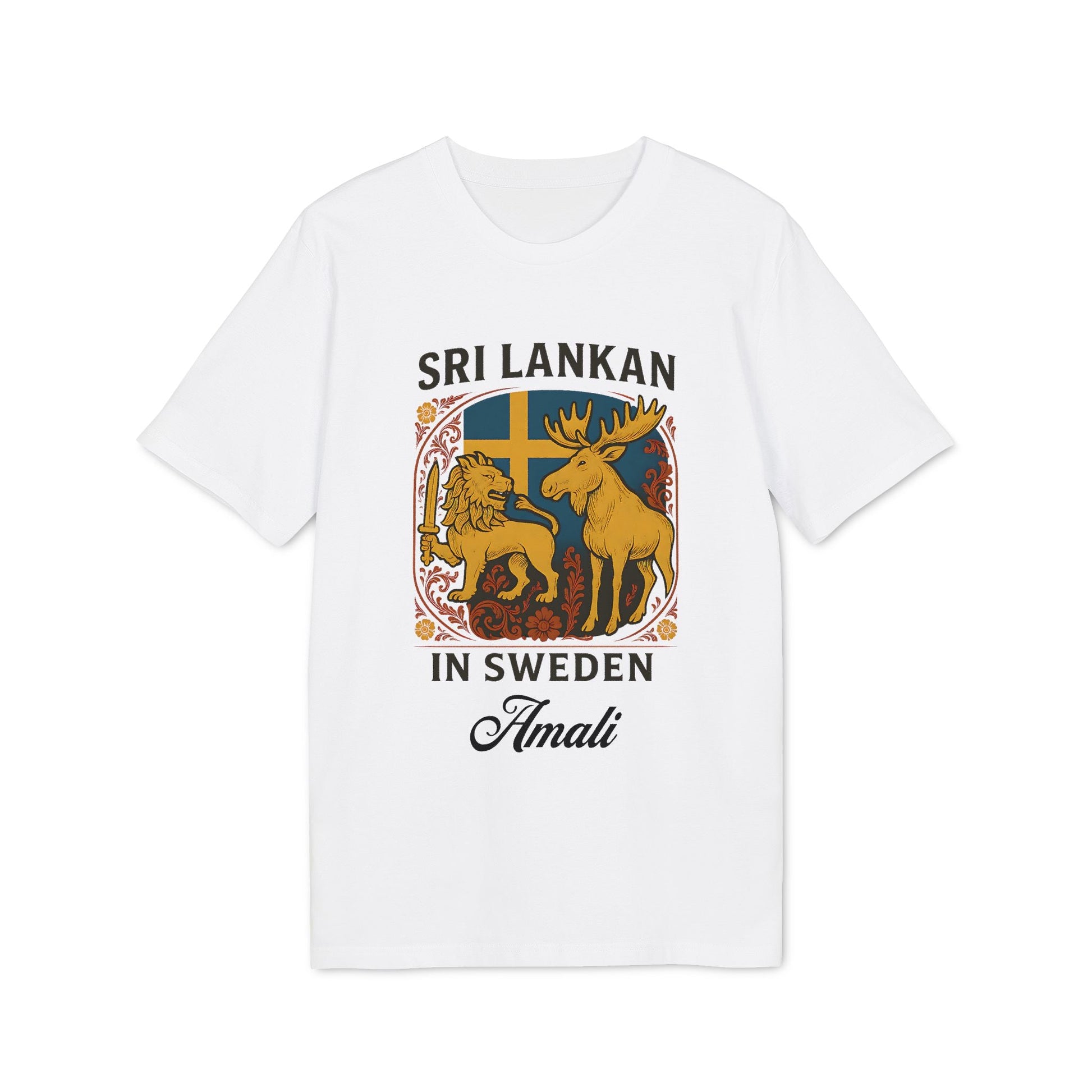 Alt Tag: Sri Lankan Sweden Personalized Premium Unisex T-Shirt with Sri Lankan lion and Swedish moose graphic, custom name Amali