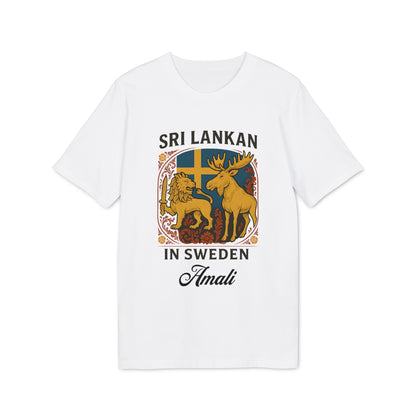 Alt Tag: Sri Lankan Sweden Personalized Premium Unisex T-Shirt with Sri Lankan lion and Swedish moose graphic, custom name Amali