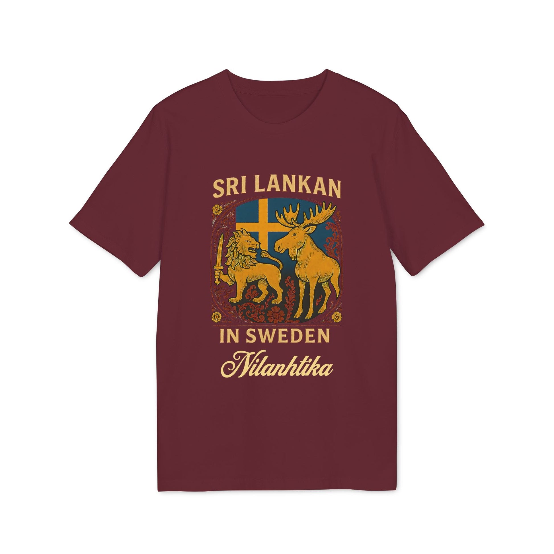 Alt Tag: Sri Lankan Sweden Personalized Premium Unisex T-Shirt maroon graphic tee with lion and moose, Swedish flag, “Sri Lankan in Sweden” and name