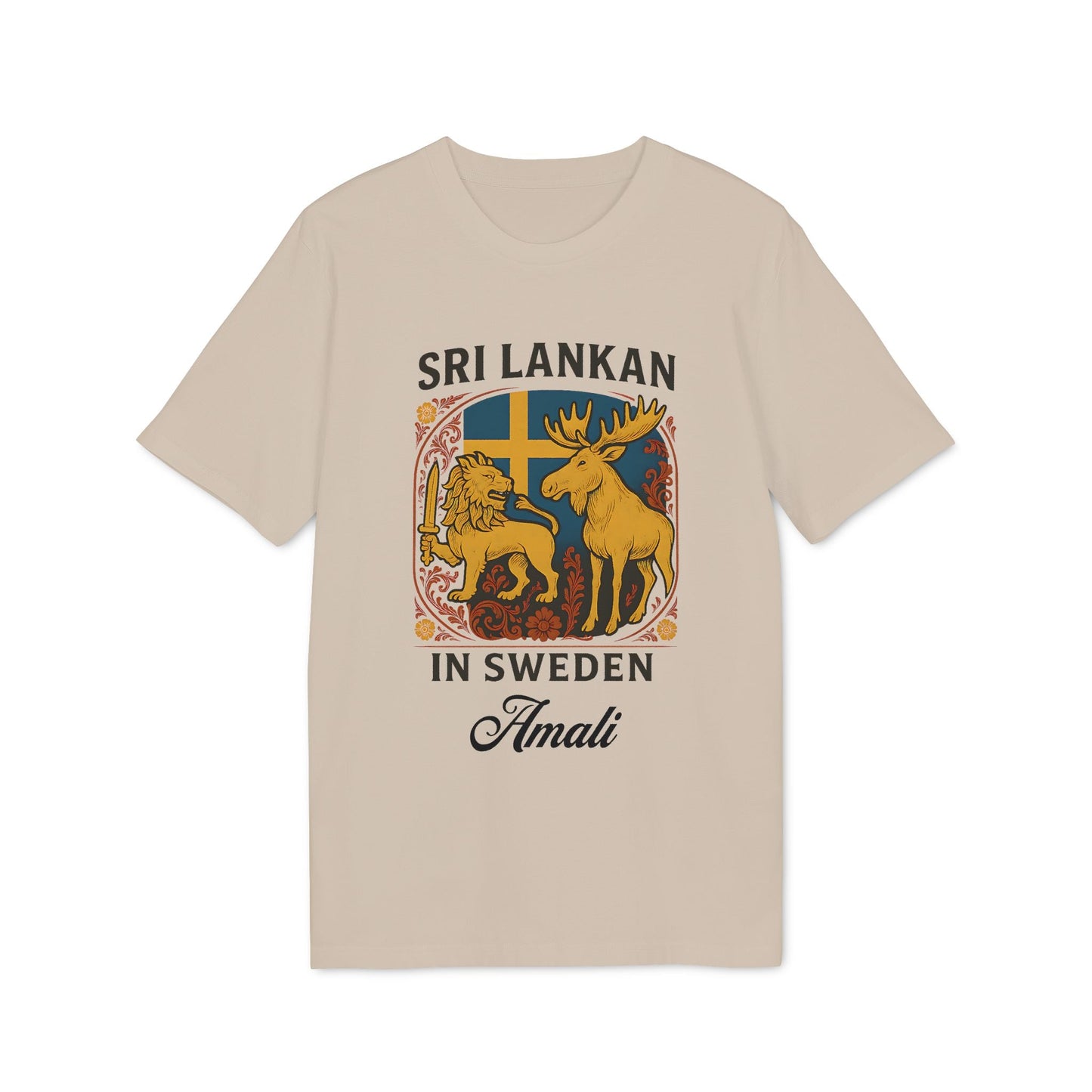 Alt Tag: Sri Lankan Sweden Personalized Premium Unisex T-Shirt beige with Sri Lankan lion and Swedish moose crest, “Sri Lankan in Sweden” and name