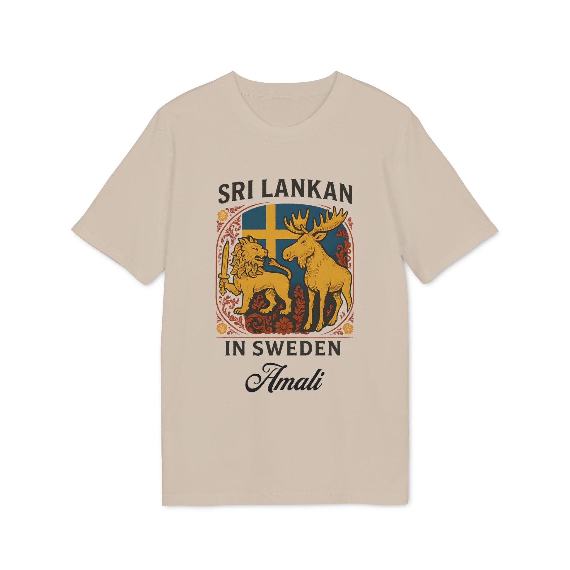 Alt Tag: Sri Lankan Sweden Personalized Premium Unisex T-Shirt beige with Sri Lankan lion and Swedish moose crest, “Sri Lankan in Sweden” and name