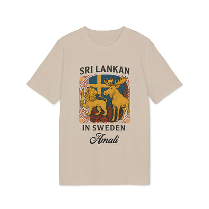 Alt Tag: Sri Lankan Sweden Personalized Premium Unisex T-Shirt beige with Sri Lankan lion and Swedish moose crest, “Sri Lankan in Sweden” and name