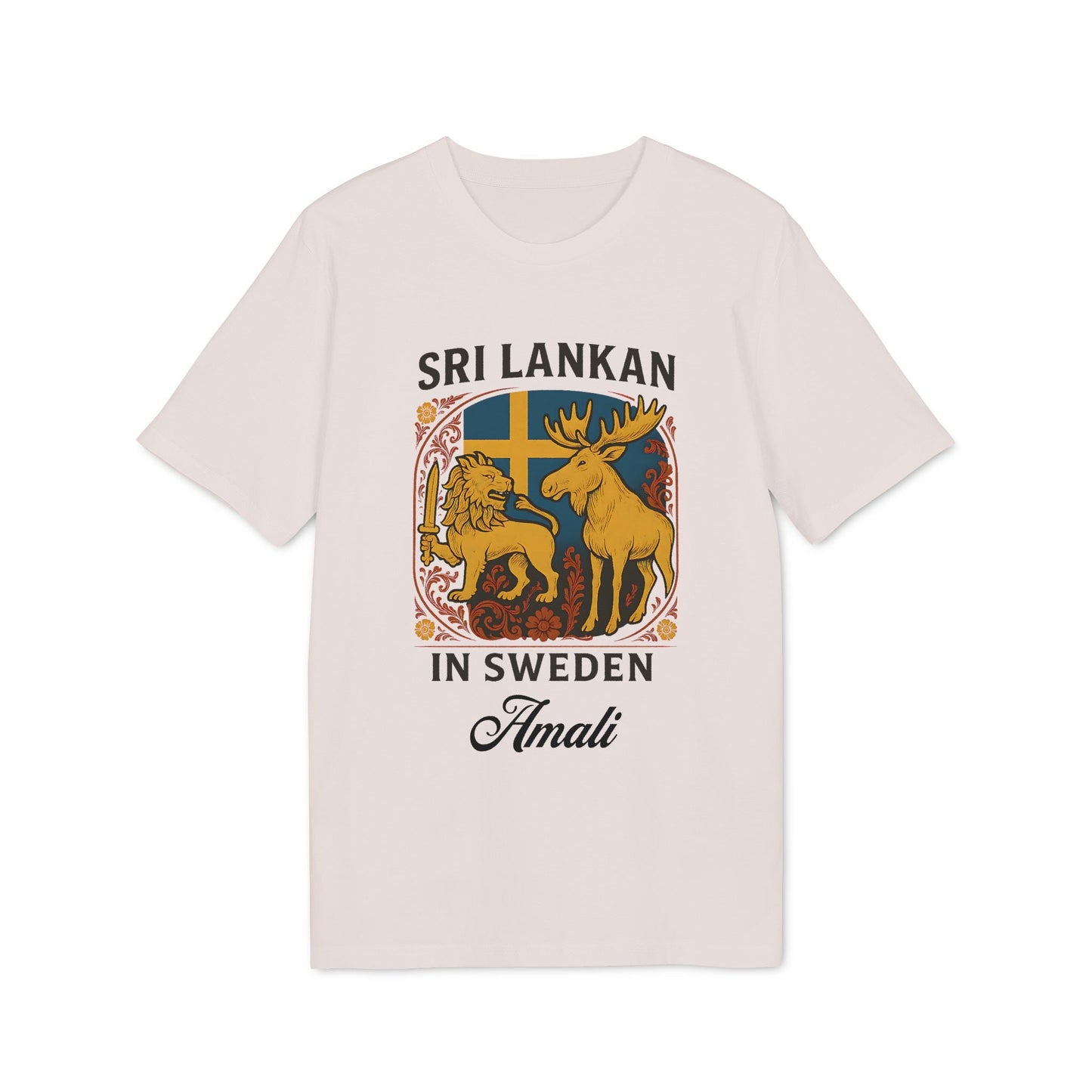 Alt Tag: Sri Lankan Sweden Personalized Premium Unisex T-Shirt with lion and moose graphic, Swedish flag, and personalized name Amali