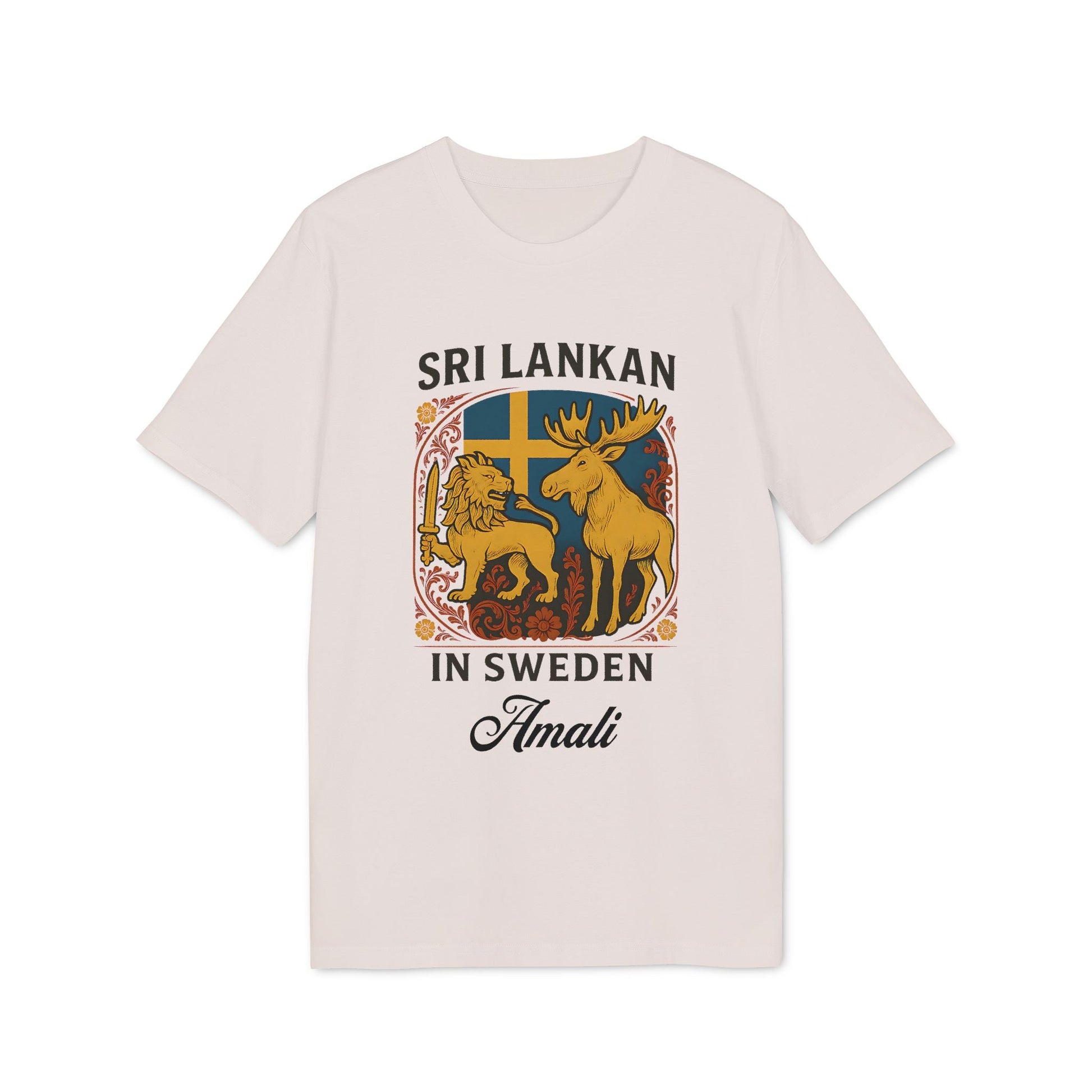 Alt Tag: Sri Lankan Sweden Personalized Premium Unisex T-Shirt with lion and moose graphic, Swedish flag, and personalized name Amali