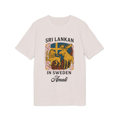 Alt Tag: Sri Lankan Sweden Personalized Premium Unisex T-Shirt with lion and moose graphic, Swedish flag, and personalized name Amali