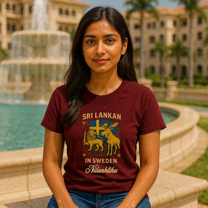 Sri Lankan Sweden Personalized Premium Unisex T-Shirt maroon with lion and moose graphic, “Sri Lankan in Sweden” text, worn outdoors
