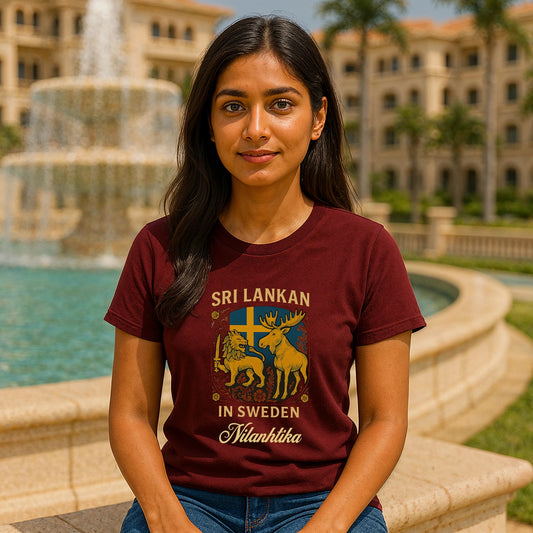 Sri Lankan Sweden Personalized Premium Unisex T-Shirt maroon with lion and moose graphic, “Sri Lankan in Sweden” text, worn outdoors