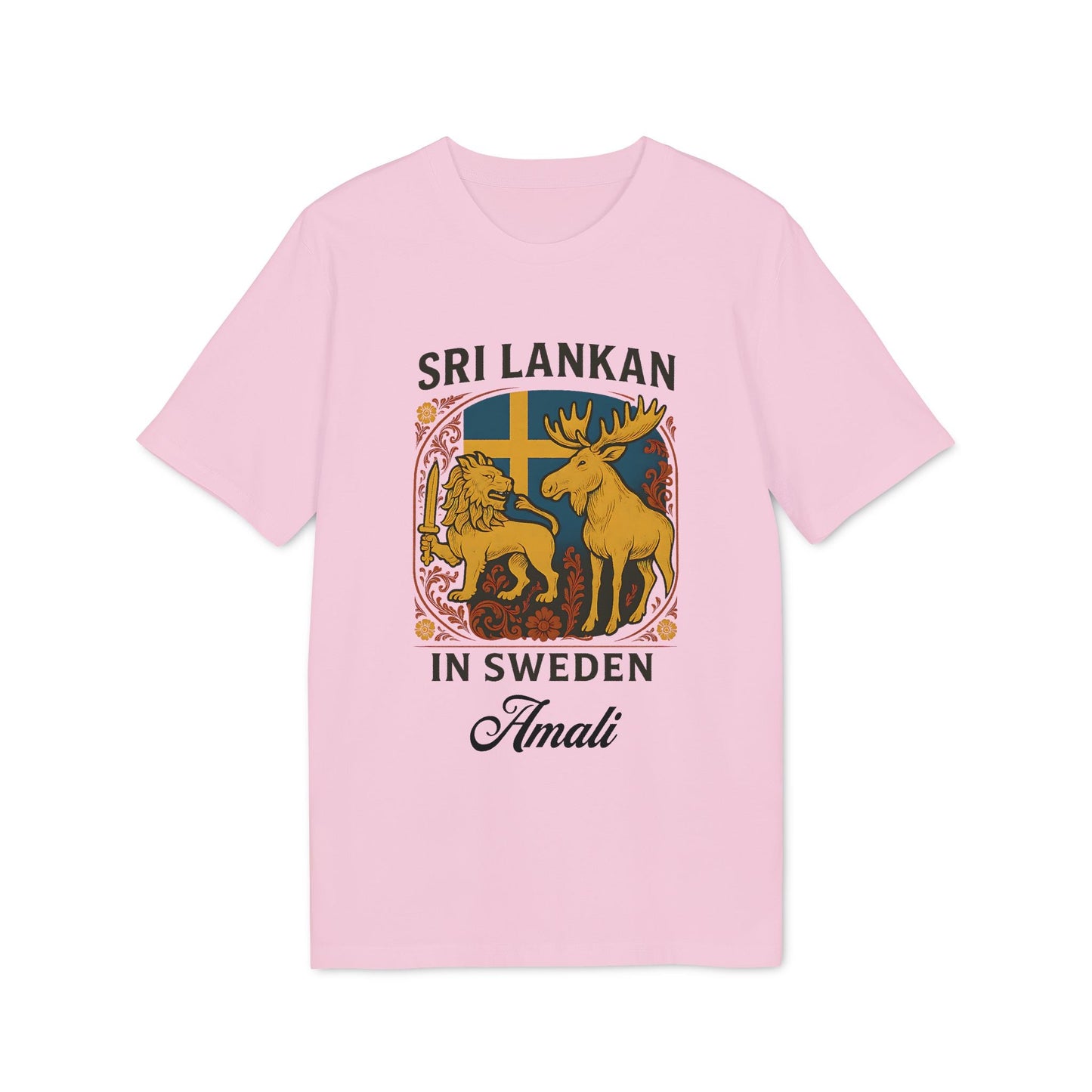 Alt Tag: Sri Lankan Sweden Personalized Premium Unisex T-Shirt pink with Sri Lankan lion, Swedish flag and moose graphic, custom name Amali