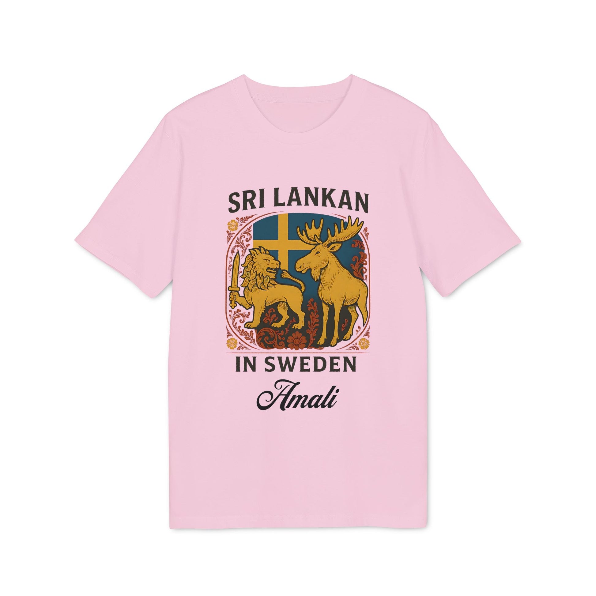 Alt Tag: Sri Lankan Sweden Personalized Premium Unisex T-Shirt pink with Sri Lankan lion, Swedish flag and moose graphic, custom name Amali