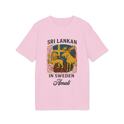 Alt Tag: Sri Lankan Sweden Personalized Premium Unisex T-Shirt pink with Sri Lankan lion, Swedish flag and moose graphic, custom name Amali