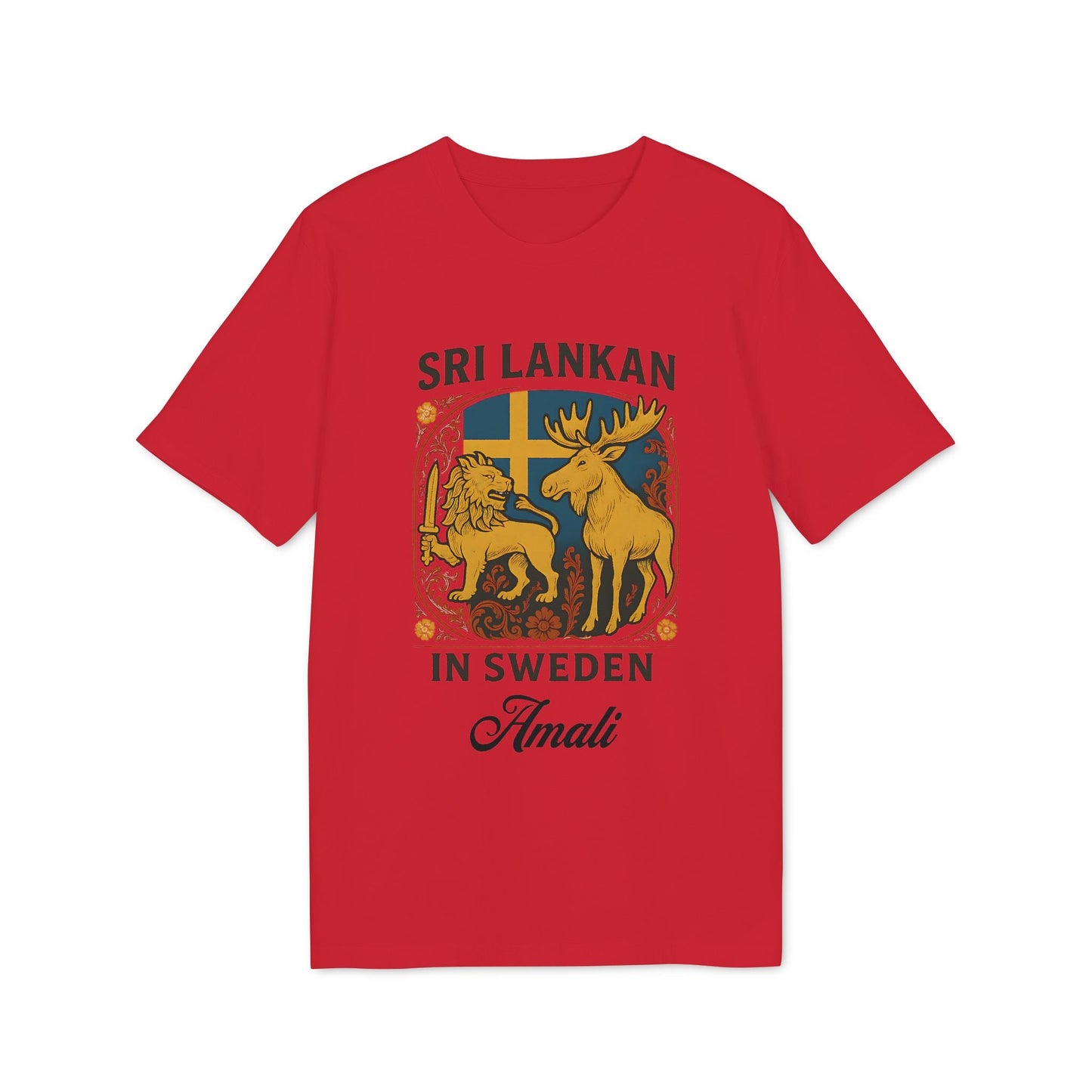 Alt Tag: Sri Lankan Sweden Personalized Premium Unisex T-Shirt red tee with lion and moose graphic, Swedish flag, “Sri Lankan in Sweden” and name