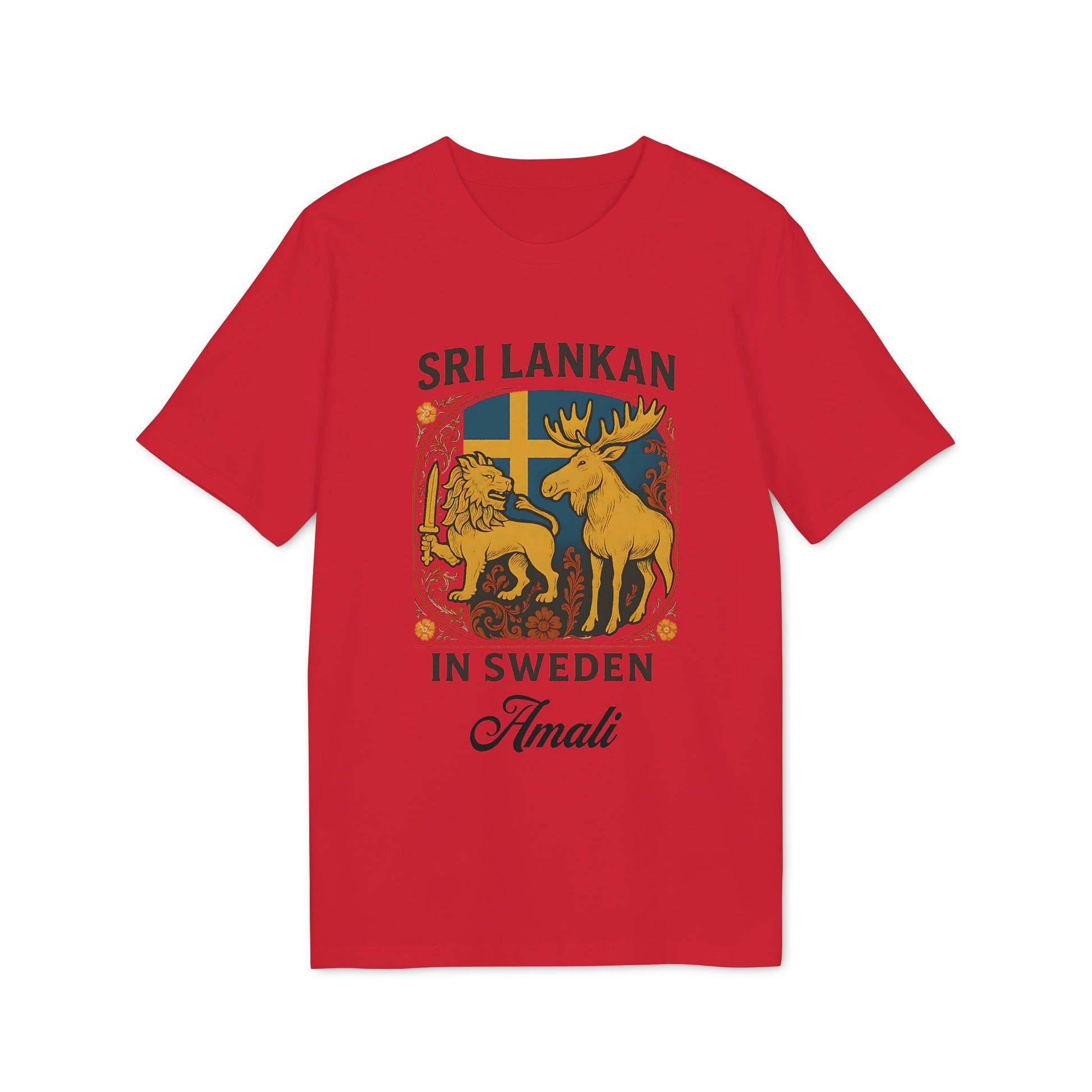 Alt Tag: Sri Lankan Sweden Personalized Premium Unisex T-Shirt red tee with lion and moose graphic, Swedish flag, “Sri Lankan in Sweden” and name