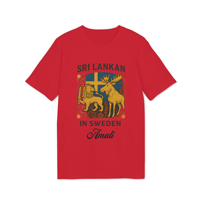 Alt Tag: Sri Lankan Sweden Personalized Premium Unisex T-Shirt red tee with lion and moose graphic, Swedish flag, “Sri Lankan in Sweden” and name