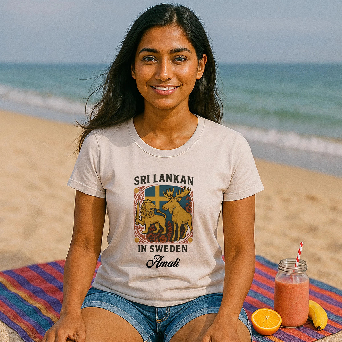 Alt Tag: Sri Lankan Sweden Personalized Premium Unisex T-Shirt worn by woman on beach, Sri Lankan in Sweden graphic with custom name Amali