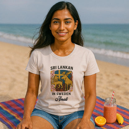 Alt Tag: Sri Lankan Sweden Personalized Premium Unisex T-Shirt worn by woman on beach, Sri Lankan in Sweden graphic with custom name Amali