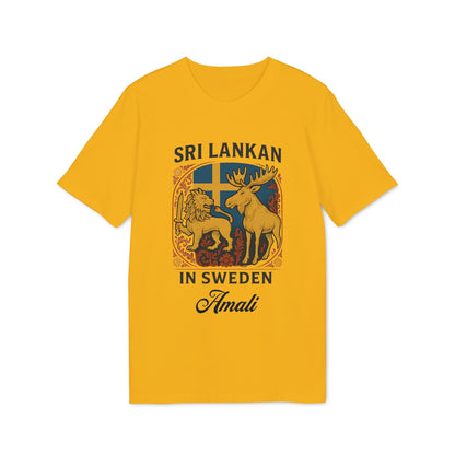 Alt Tag: Sri Lankan Sweden Personalized Premium Unisex T-Shirt yellow tee with Sri Lankan lion and Swedish moose crest, “Sri Lankan in Sweden” and name Amali