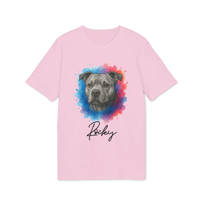 Alt Tag: Staffordshire Bullterrier Personalized Dog Premium Unisex T-Shirt in pink with Staffordshire Bullterrier portrait and custom name Rocky