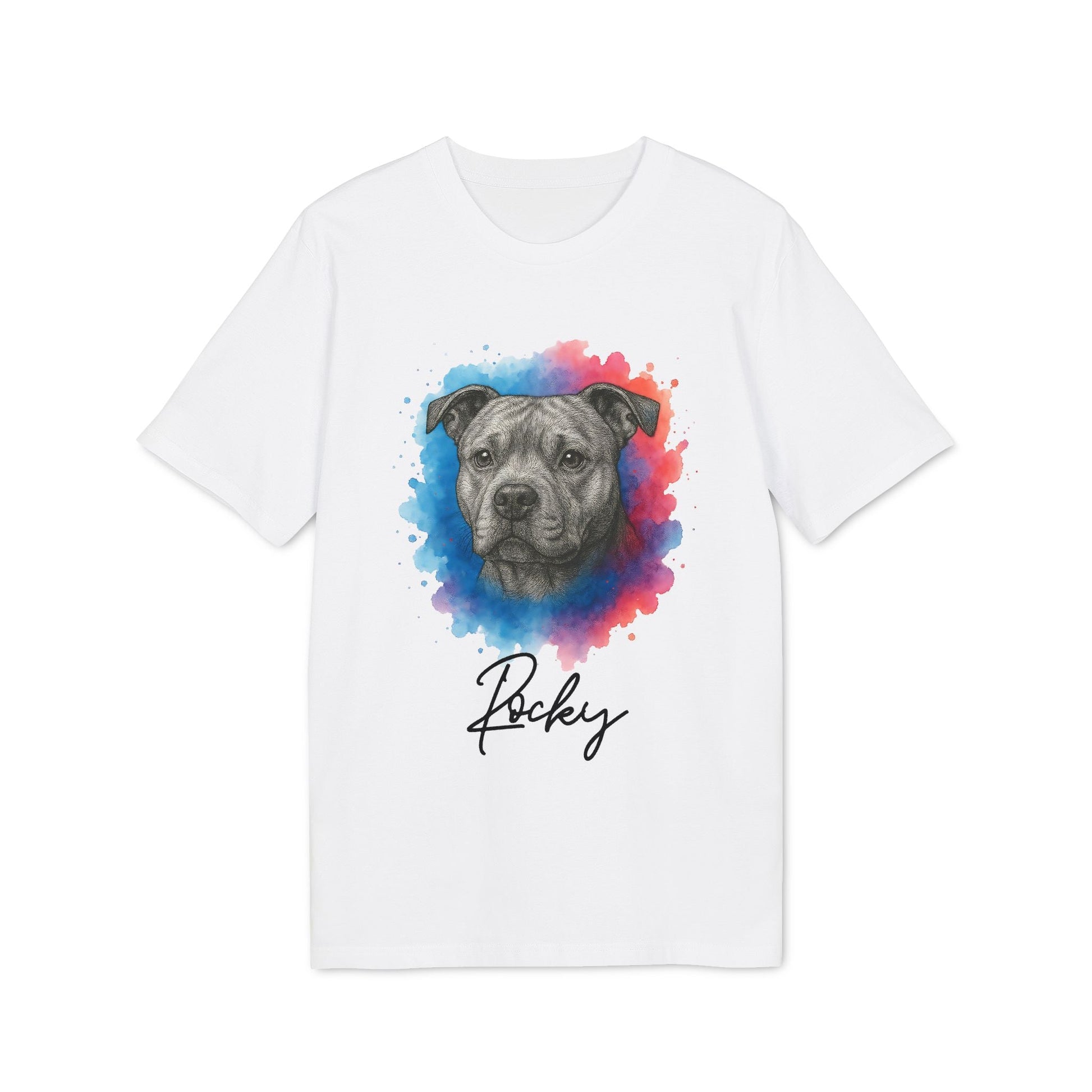 Staffordshire Bullterrier Personalized Dog Premium Unisex T-Shirt blanca con retrato de Staffordshire Bullterrier y nombre "Rocky"