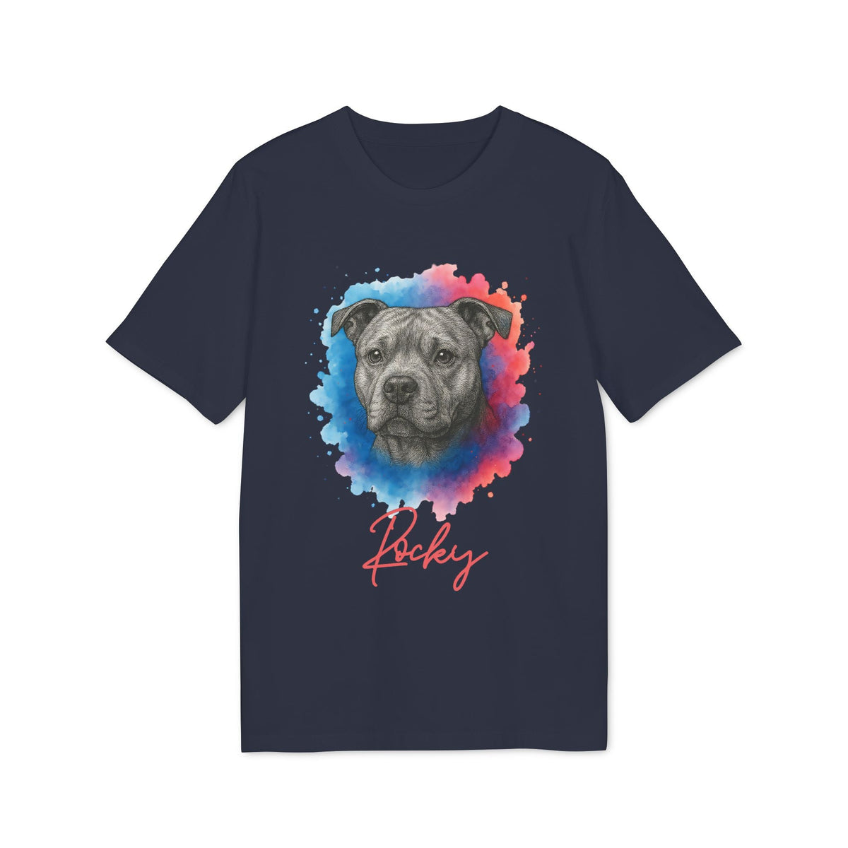 Staffordshire Bullterrier Personalized Dog Premium Unisex T-Shirt navy tee with Staffordshire Bullterrier portrait and name Rocky
