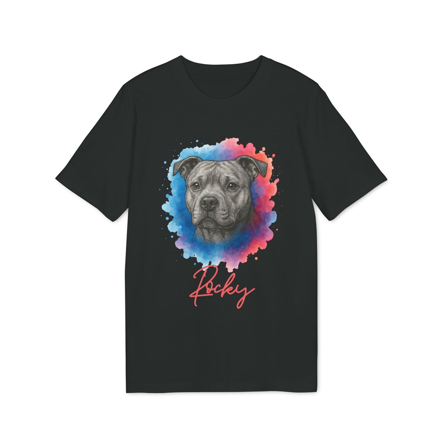 Staffordshire Bullterrier Personalized Dog Premium Unisex T-Shirt con retrato de Staffy en acuarela y nombre "Rocky" en camiseta negra