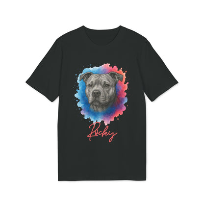 Staffordshire Bullterrier Personalized Dog Premium Unisex T-Shirt con retrato de Staffy en acuarela y nombre "Rocky" en camiseta negra
