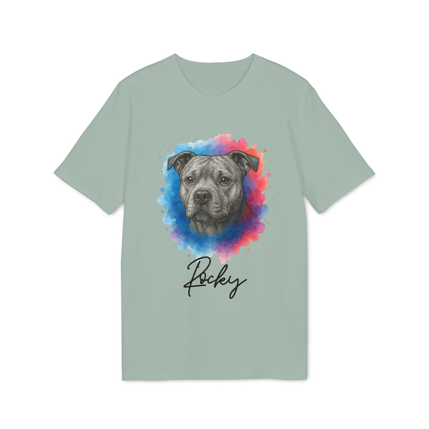 Staffordshire Bullterrier Personalized Dog Premium Unisex T-Shirt with watercolor Staffy portrait and custom name Rocky on sage green tee