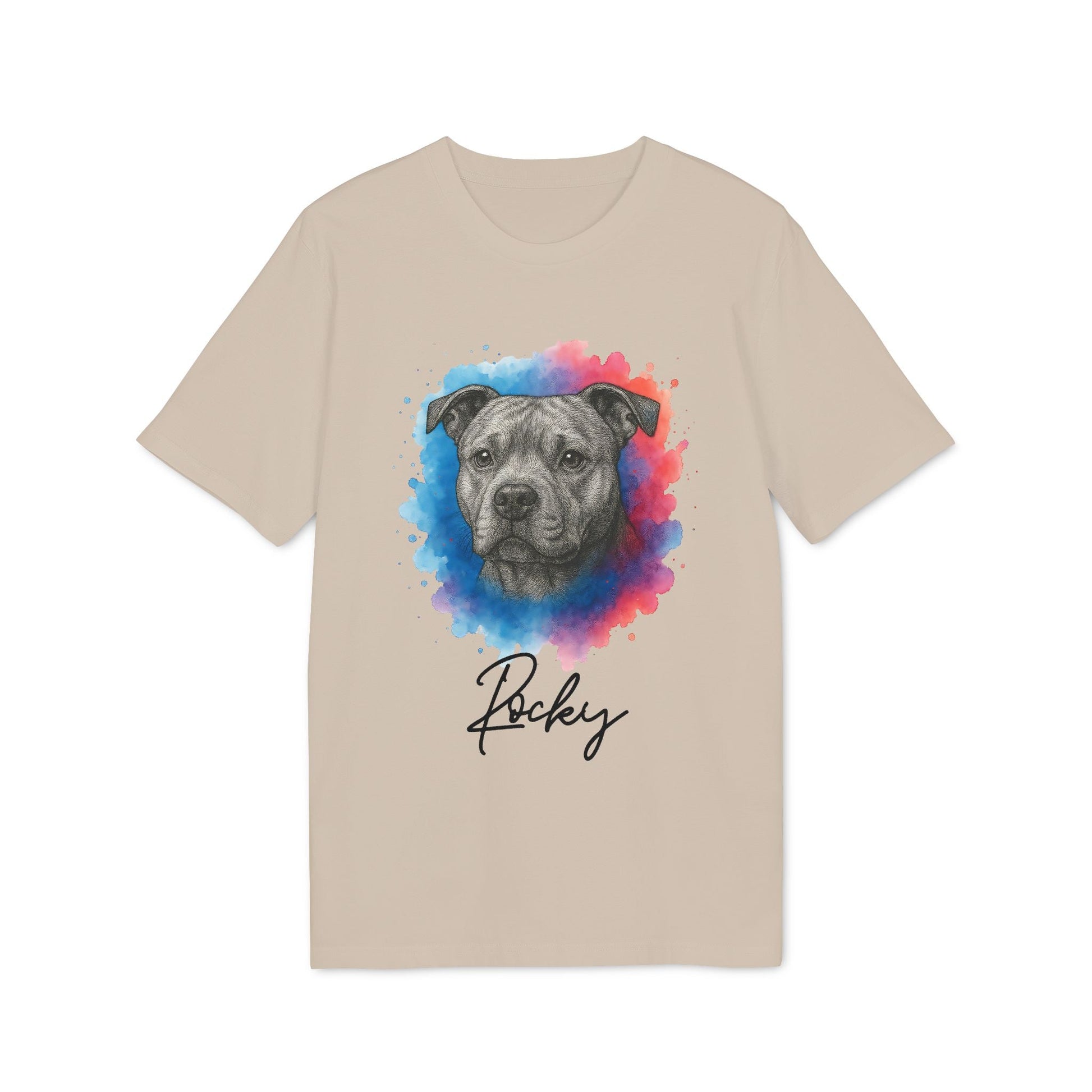 Staffordshire Bullterrier Personalized Dog Premium Unisex T-Shirt beige tee with watercolor Staffy portrait and custom name Rocky