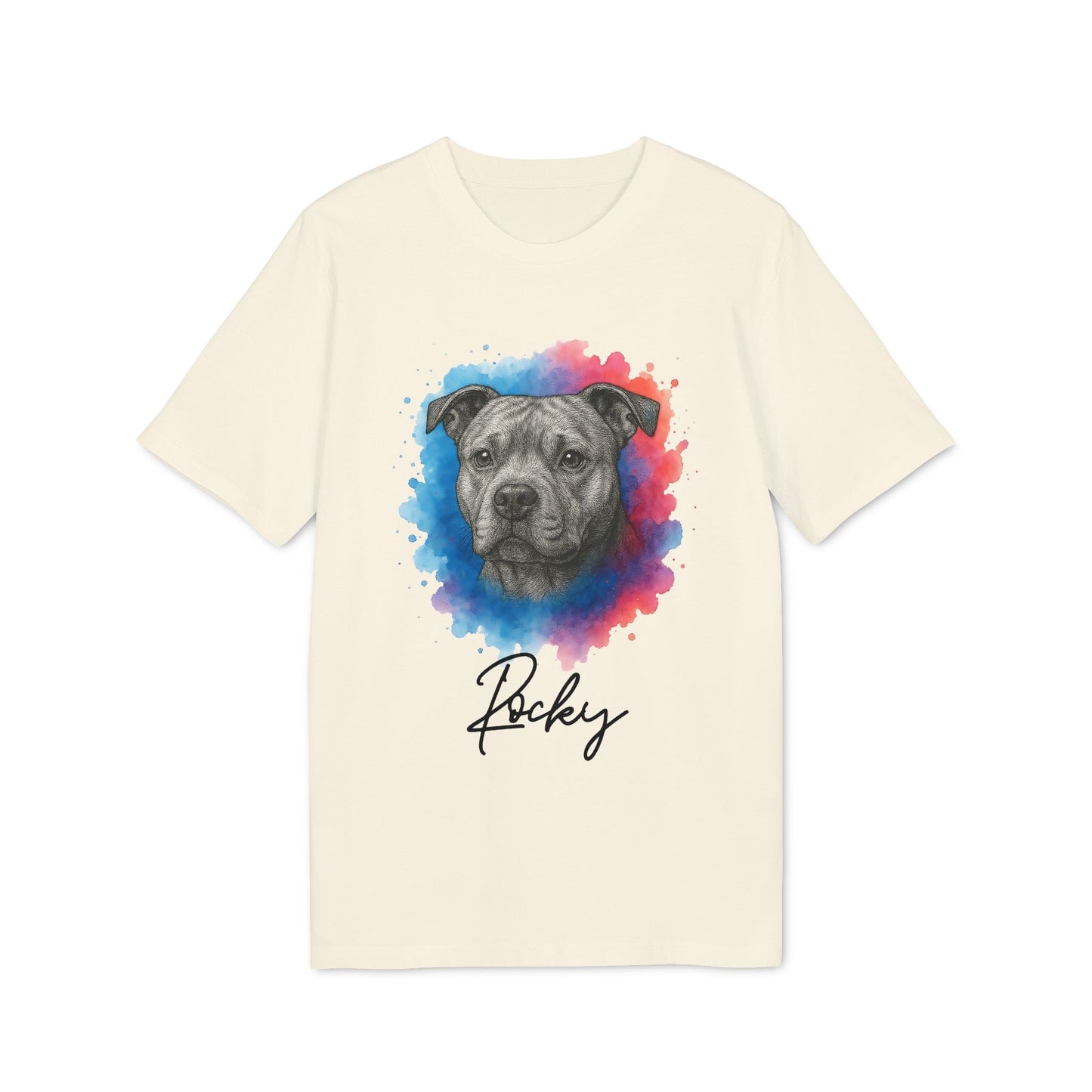 Staffordshire Bullterrier Personalized Dog Premium Unisex T-Shirt con retrato de perro estilo acuarela y nombre Rocky en camiseta color crema