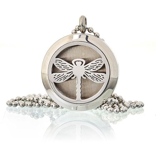 Alt Tag: Stainless Steel Aromadiffuser Diffuser Necklace – Dragonfly 25MM, stainless steel round locket pendant with dragonfly cutout and chain