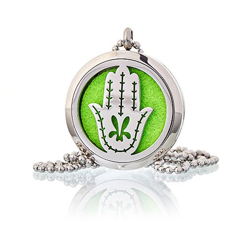 Alt Tag: Stainless Steel Aromawellness Necklace – Hand of Fatima 30MM stainless steel locket pendant with Hand of Fatima cutout and green pad