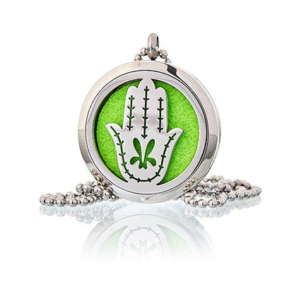 Alt Tag: Stainless Steel Aromawellness Necklace – Hand of Fatima 30MM stainless steel locket pendant with Hand of Fatima cutout and green pad