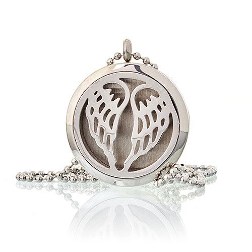 Stainless Steel Aromadiffuser Diffuser Necklace – Angel Wings 30MM, collar con locket redondo de acero inoxidable y diseño de alas