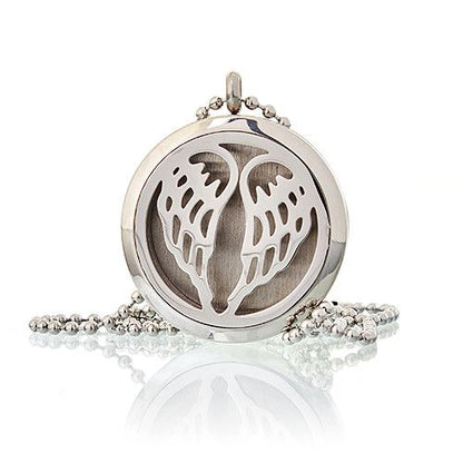 Stainless Steel Aromadiffuser Diffuser Necklace – Angel Wings 30MM, collar con locket redondo de acero inoxidable y diseño de alas