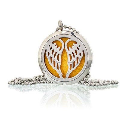 Stainless Steel Aromadiffuser Diffuser Necklace – Angel Wings 30MM, collar tipo locket redondo con alas de ángel y almohadilla para aceites