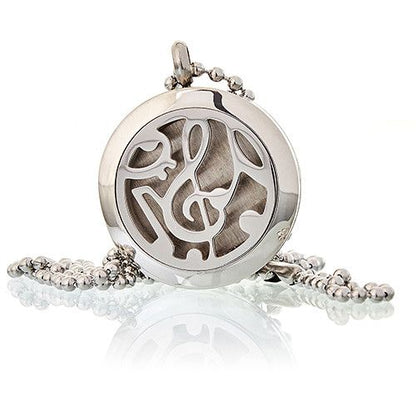 Alt Tag: Stainless Steel Aromadiffuser Diffuser Necklace – Music Notes 25MM stainless steel round pendant diffuser locket with chain, music notes cutout