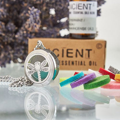 Stainless Steel Aromadiffuser Diffuser Necklace – Dragonfly 25MM stainless steel pendant locket with chain and colorful felt pads